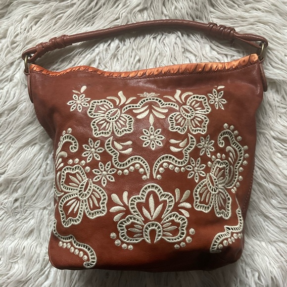 Isabella Fiore Victoria Brown Floral Embroidered Leather Tote Shoulder Bag EUC